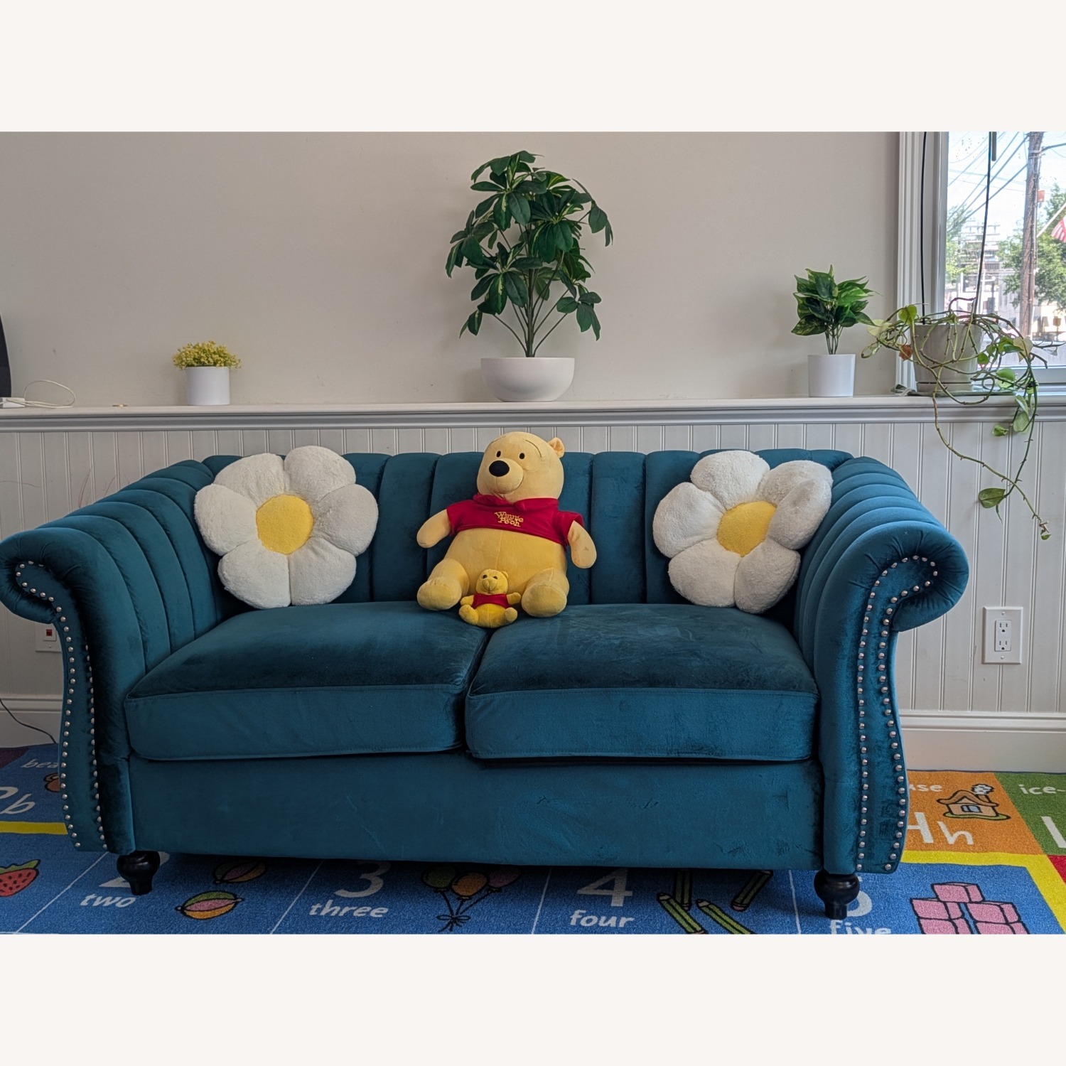 Modern Teal Velvet Channel-Tufted Loveseat - image-1