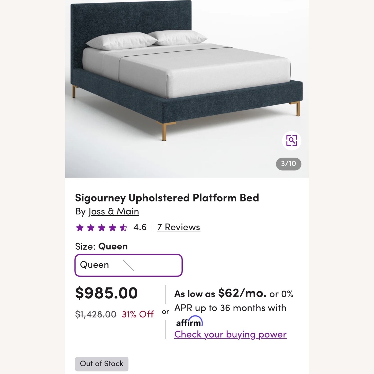 Wayfair Blue Fabric Upholstered Bed with Gold Legs - image-10