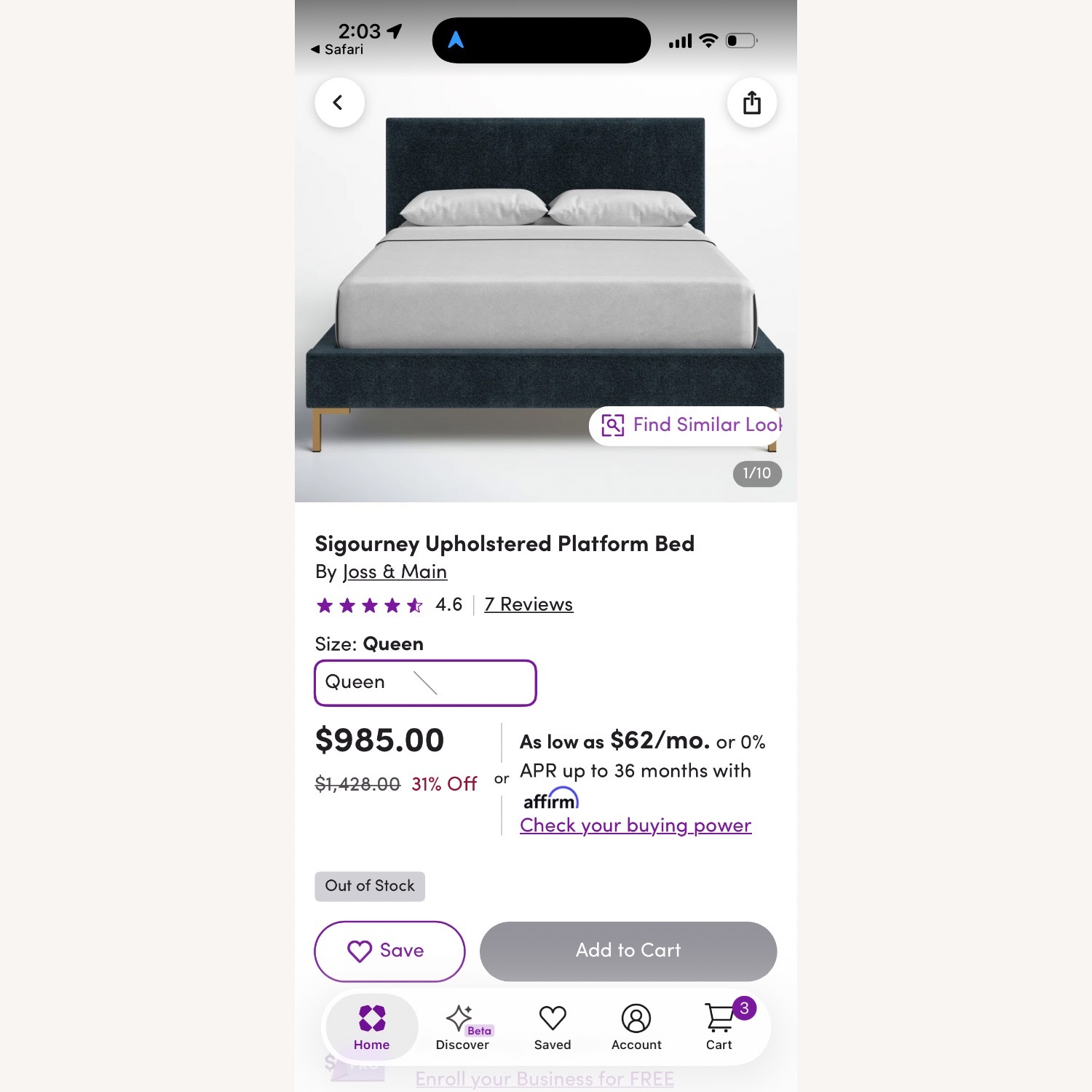 Wayfair Blue Fabric Upholstered Bed with Gold Legs - image-4
