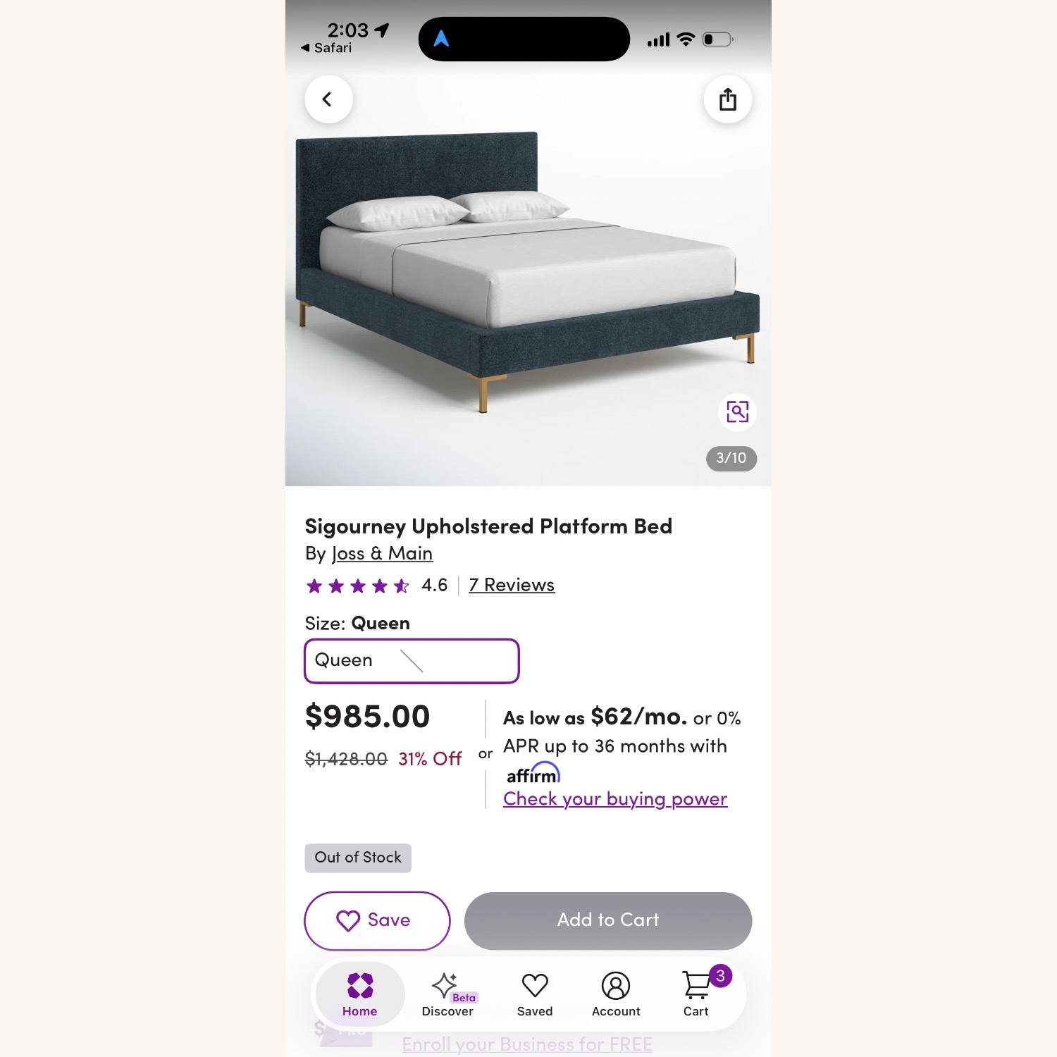 Wayfair Blue Fabric Upholstered Bed with Gold Legs - image-6