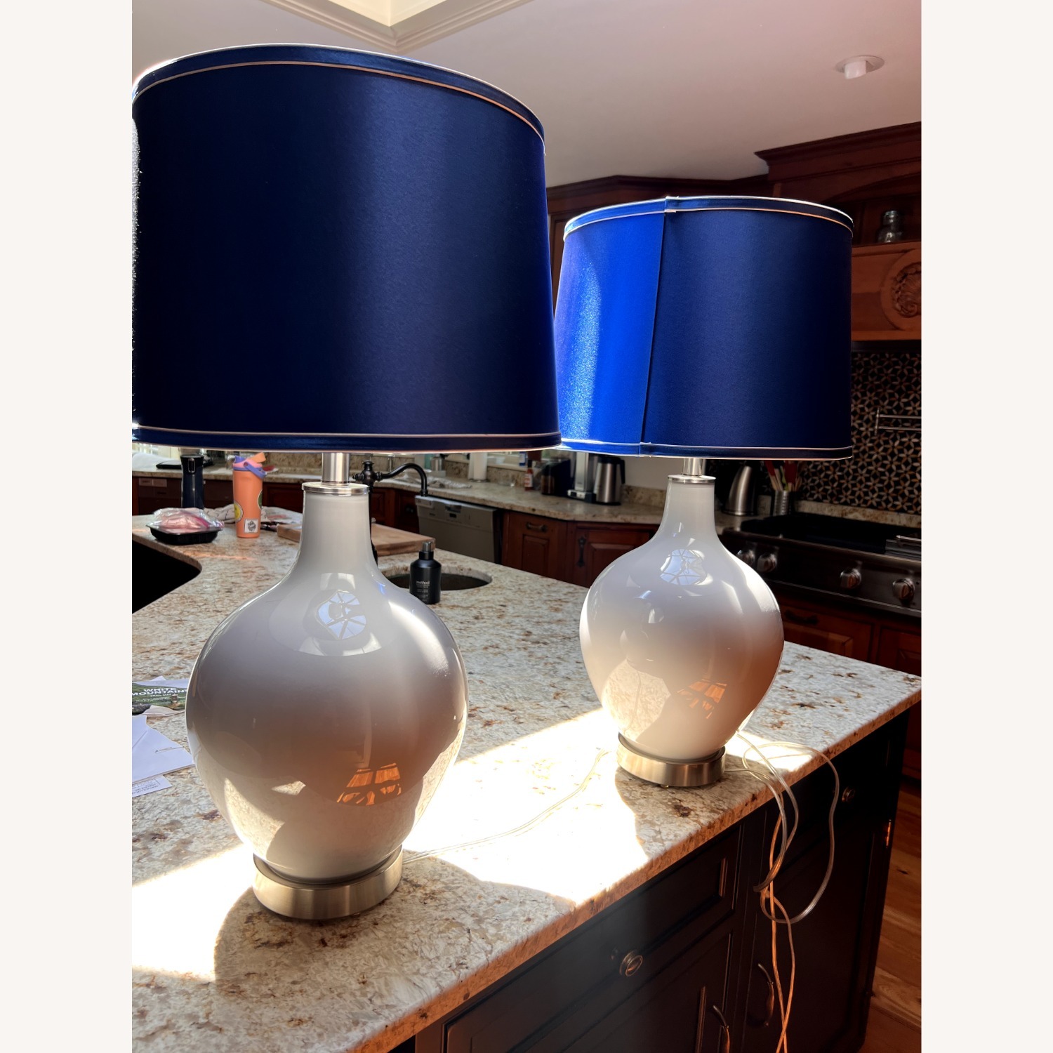 Light Gray Lamps W Custom Blue Shades - image-5