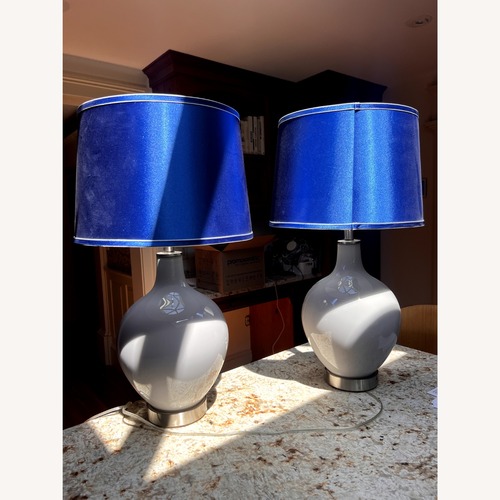 Used Light Gray Lamps W Custom Blue Shades for sale on AptDeco