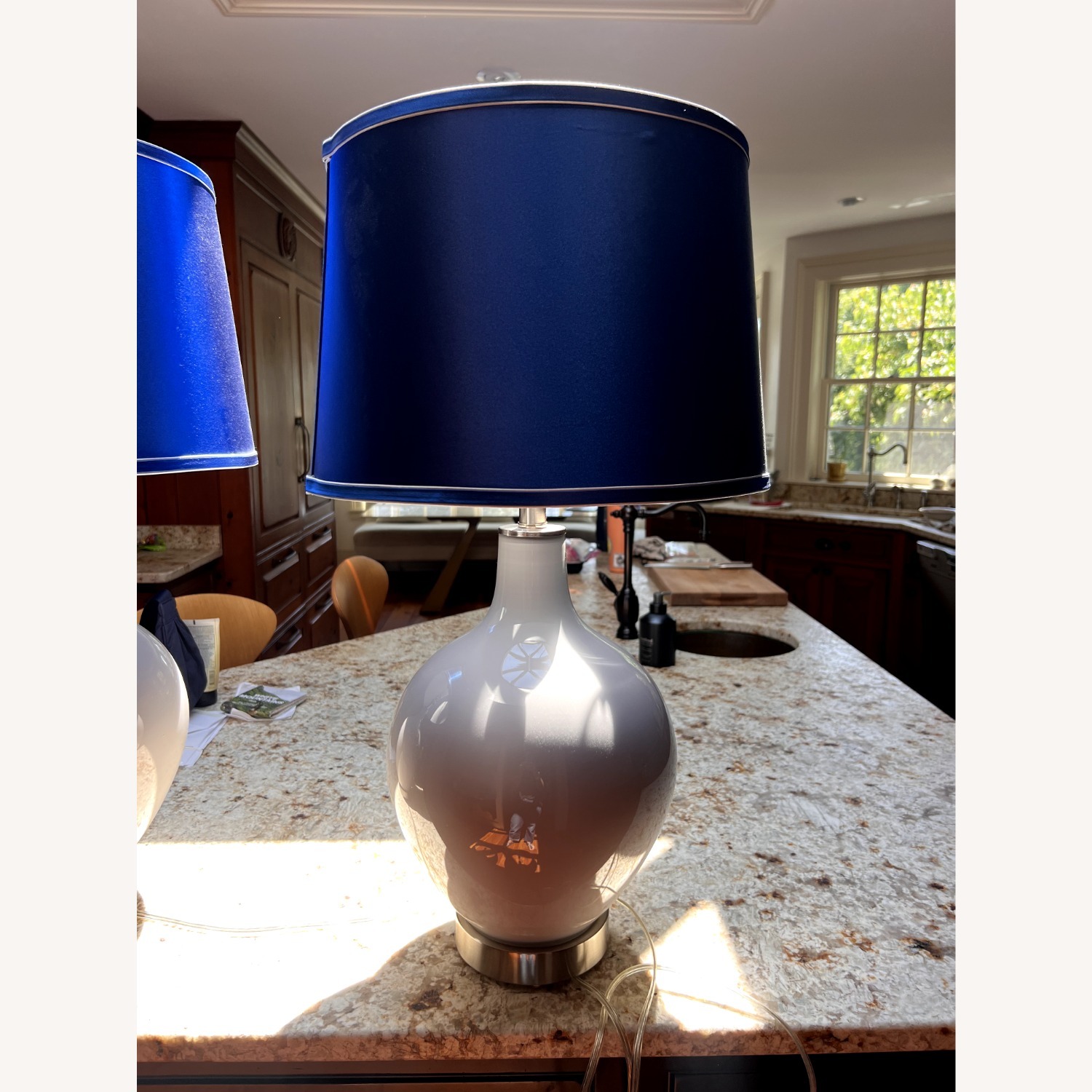 Light Gray Lamps W Custom Blue Shades - image-3