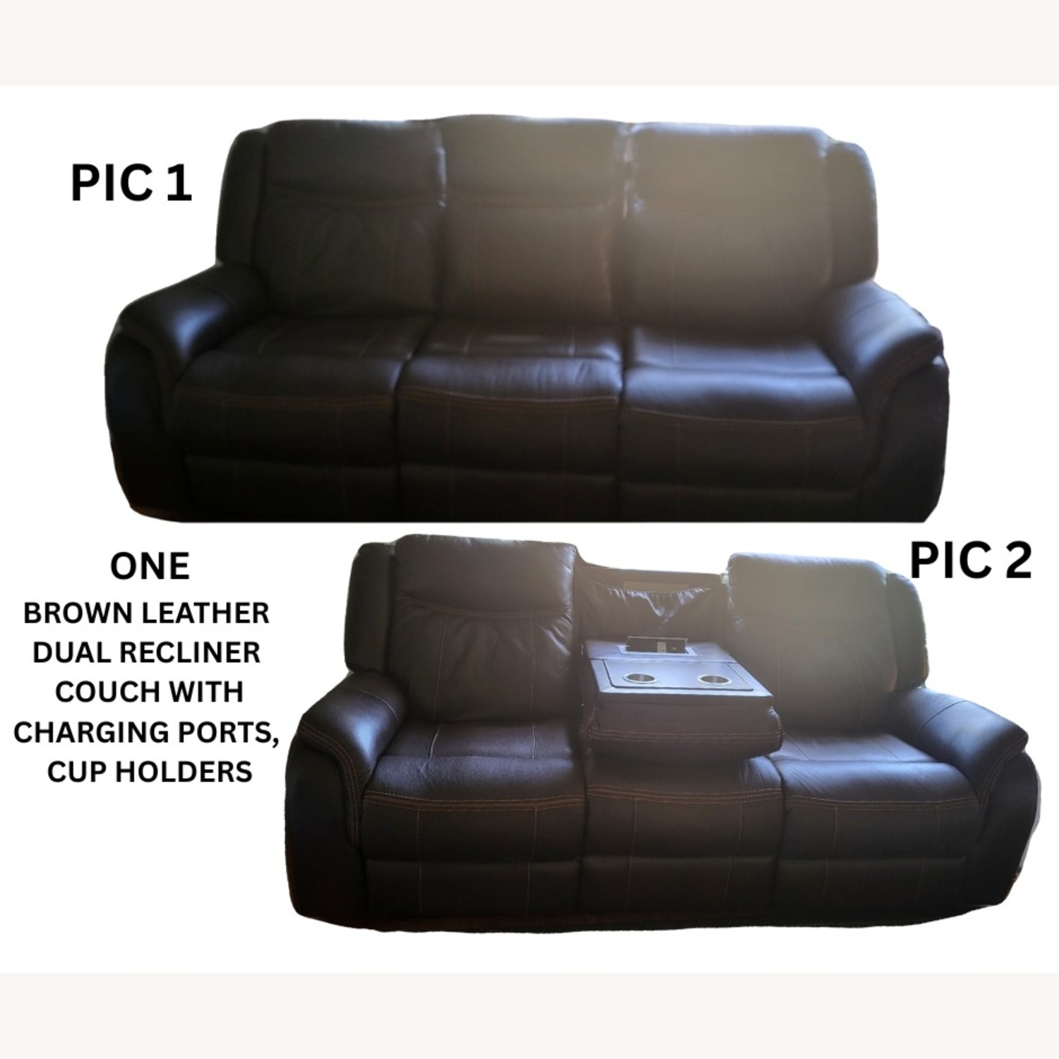Leather Dual Reclining Couch-Cupholders & Charging - image-1