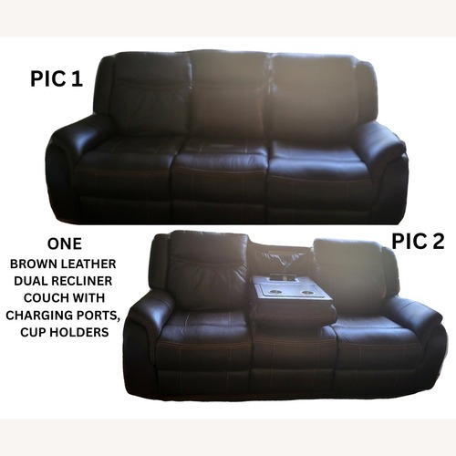 Used Leather Dual Reclining Couch-Cupholders & Charging for sale on AptDeco