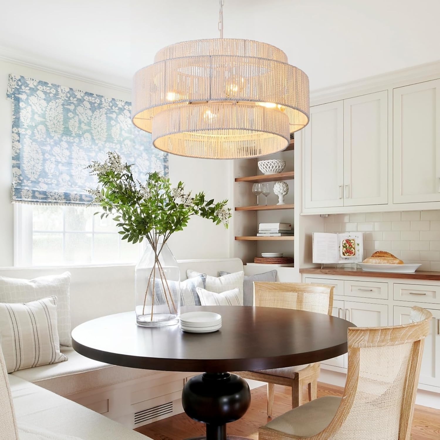 White Rattan Boho Coastal Pendant Chandelier - image-3