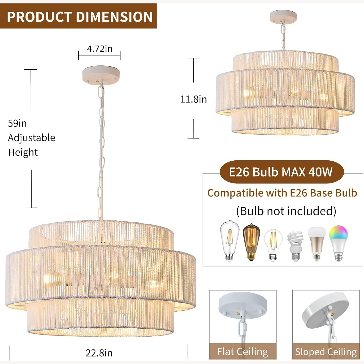 White Rattan Boho Coastal Pendant Chandelier - image-2
