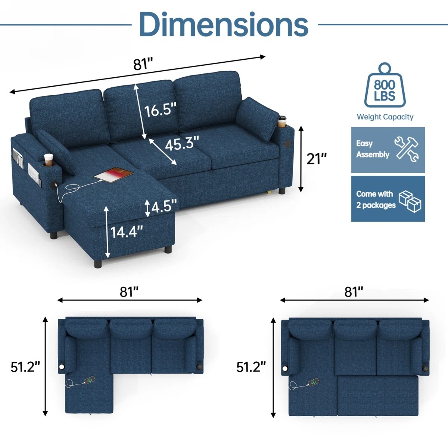 Sofa Bed Sleeper W Reversible Storage Chaise - image-7