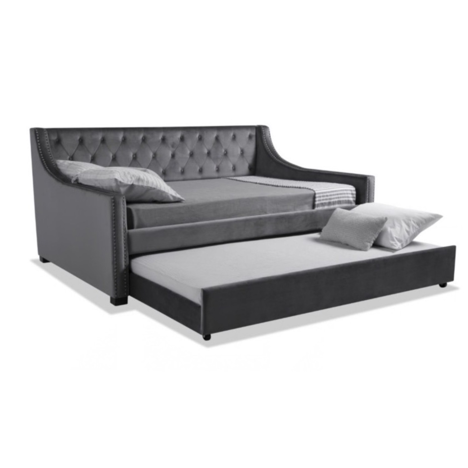 Chloe Grey Velvet Tufted Twin Trundle Day Bed  - image-3
