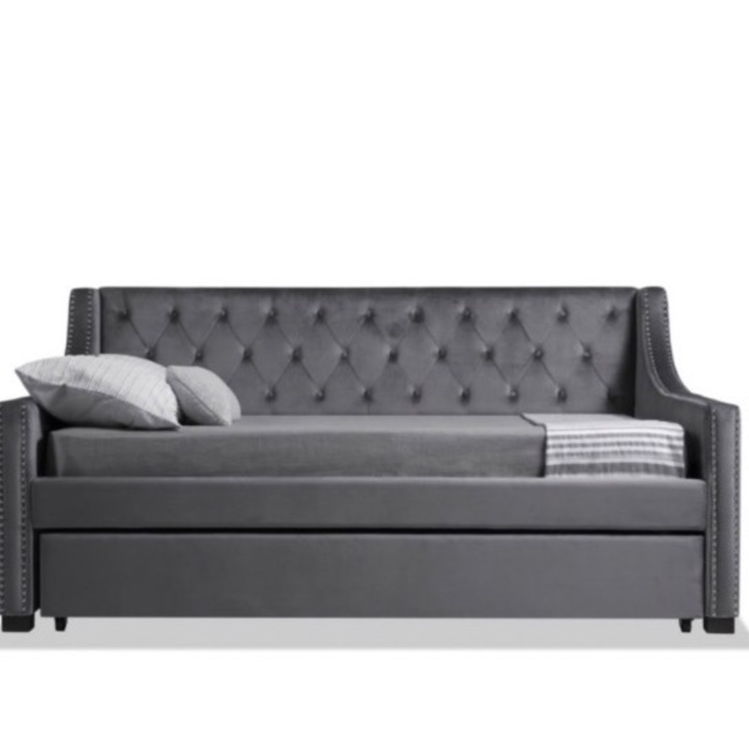 Chloe Grey Velvet Tufted Twin Trundle Day Bed  - image-8