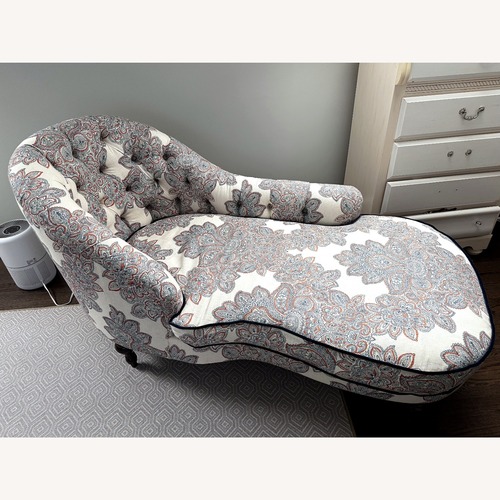 Used Helena 65" Linen Chaise (Kim Salmela), Blue/Orange for sale on AptDeco
