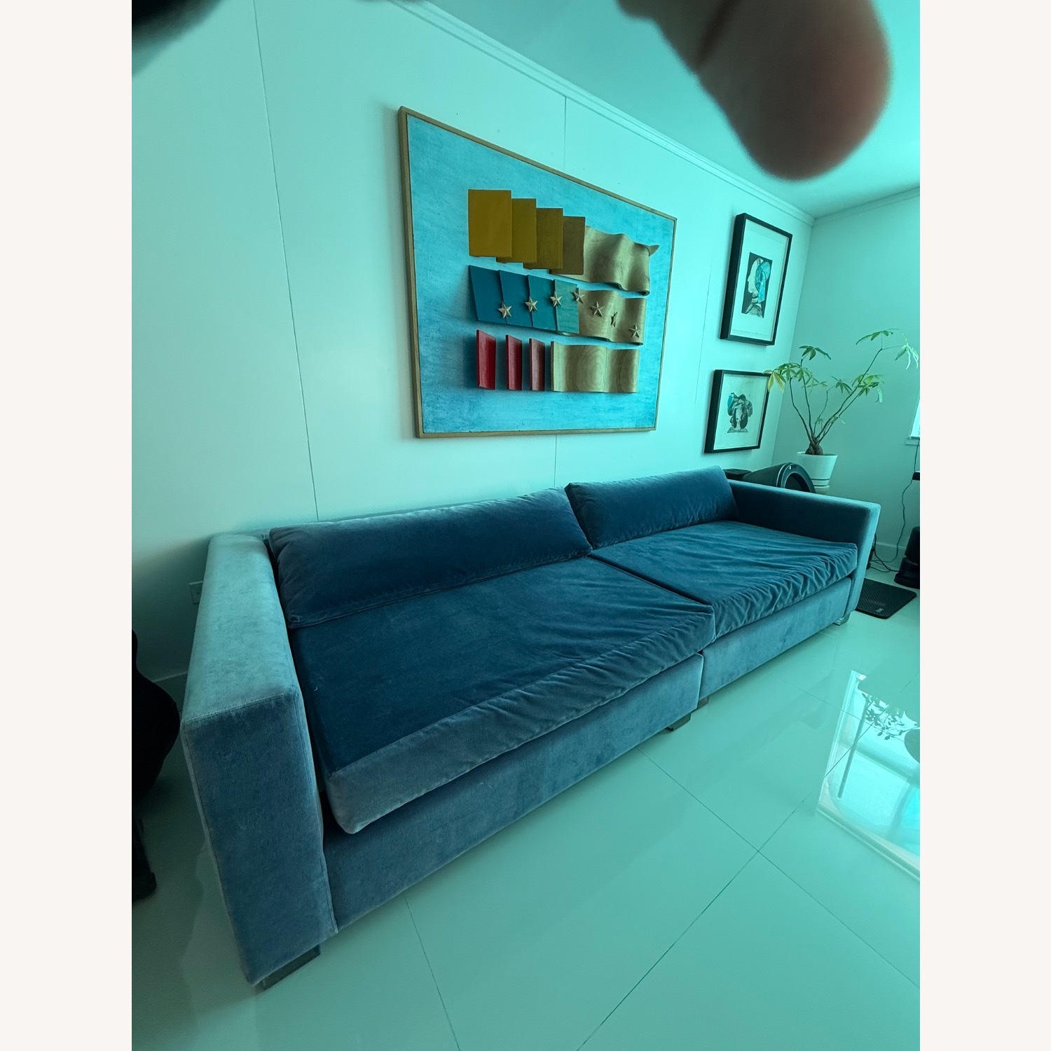 Restoration Hardware Blue Velvet 3+ Seater Sofa - image-2