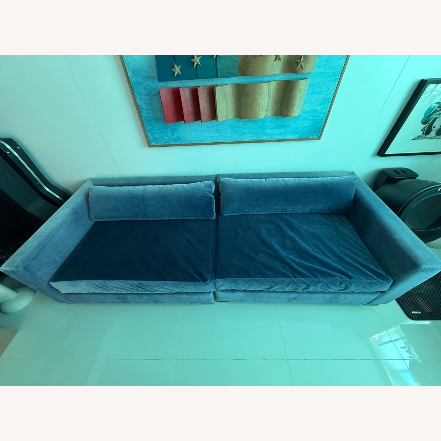 Restoration Hardware Blue Velvet 3+ Seater Sofa - image-5