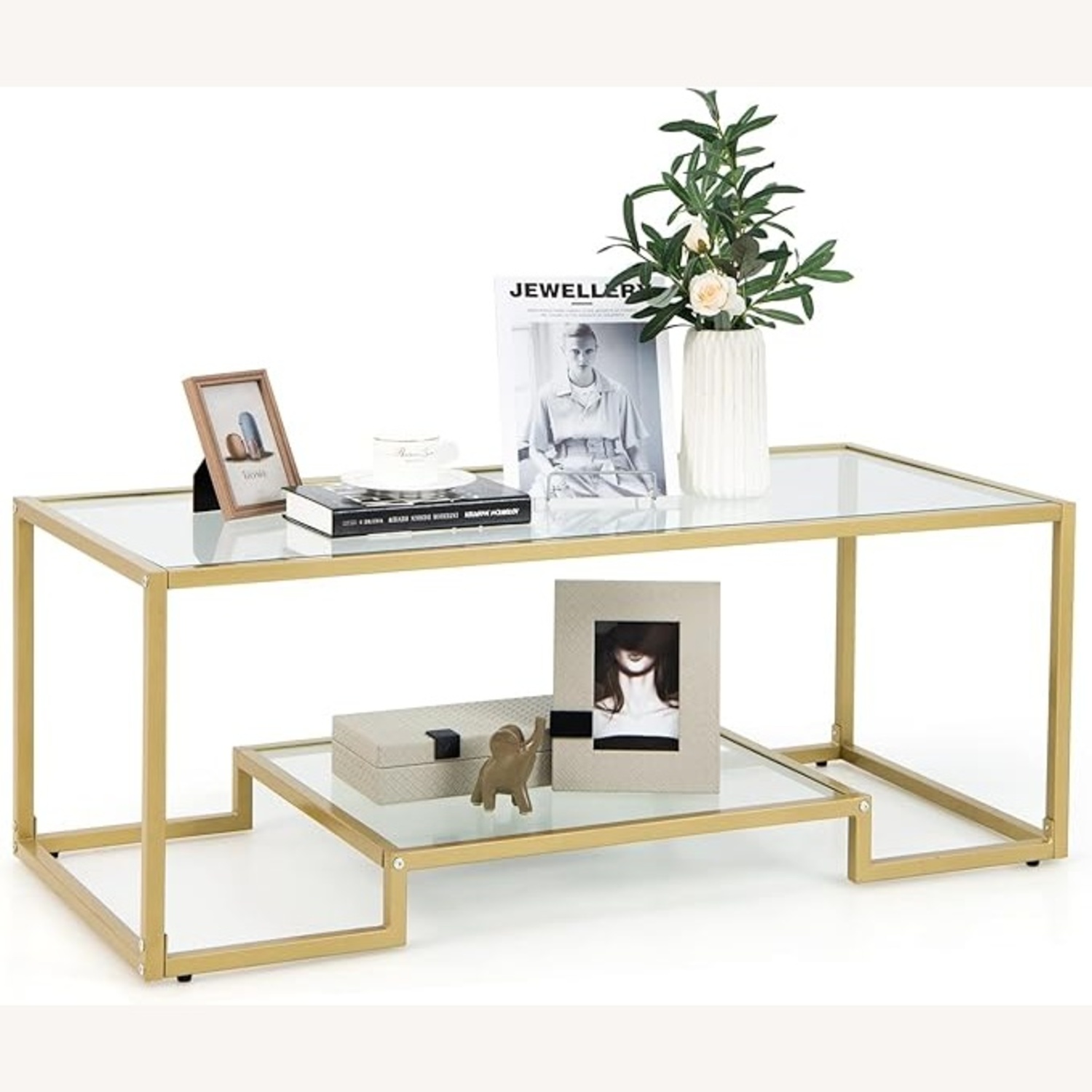 Tangkula Glass Coffee Table With Gold Detailing - image-4