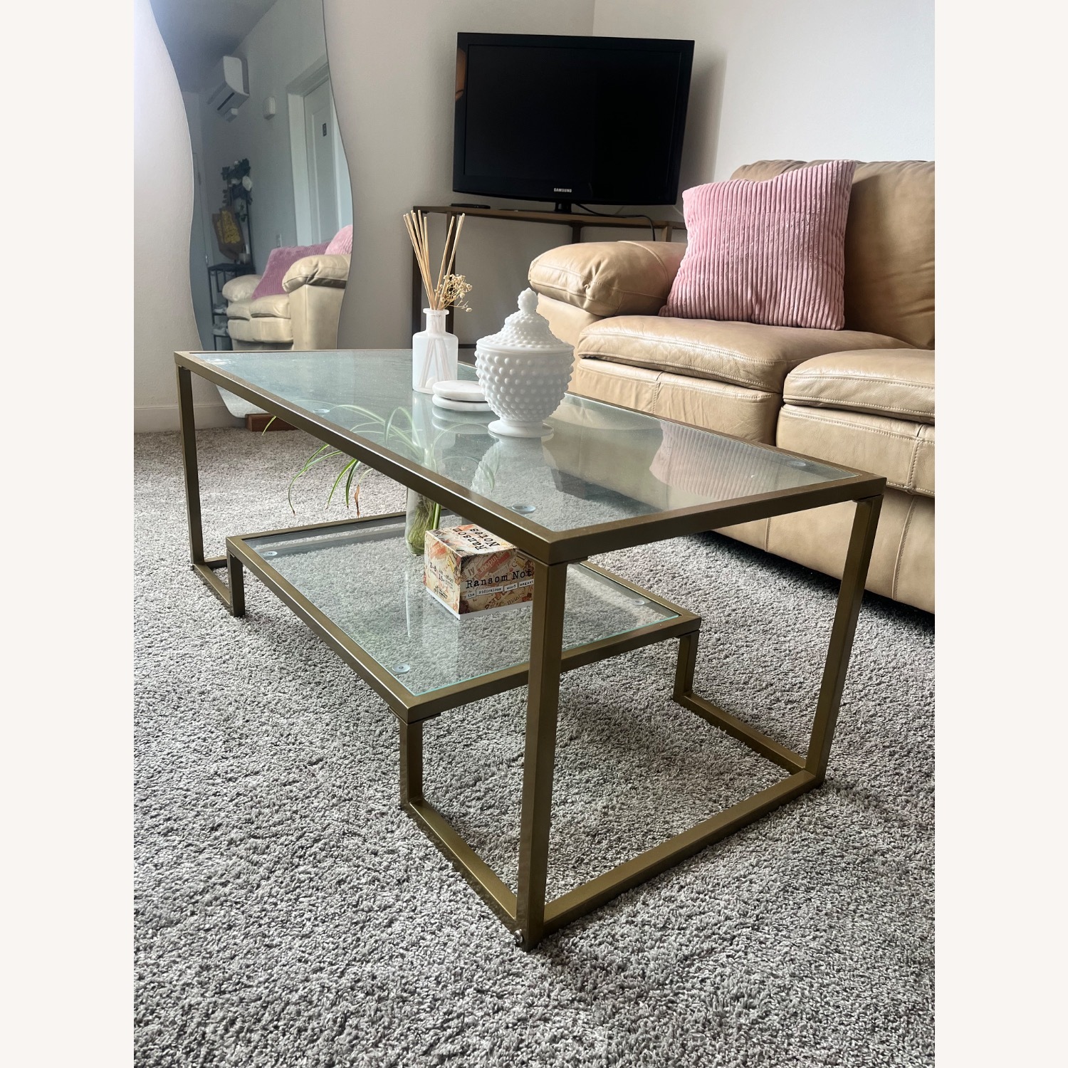 Tangkula Glass Coffee Table With Gold Detailing - image-1