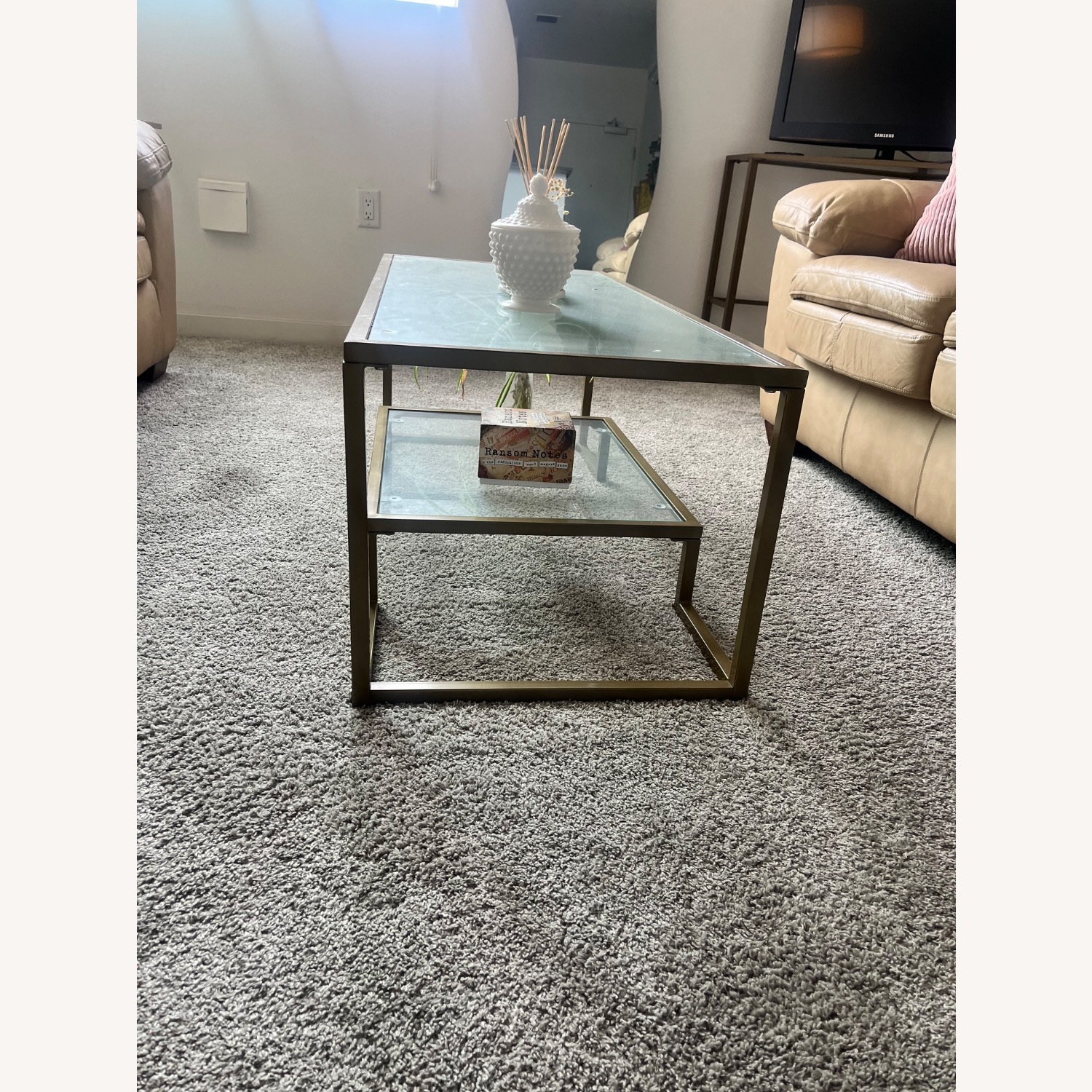 Tangkula Glass Coffee Table With Gold Detailing - image-2