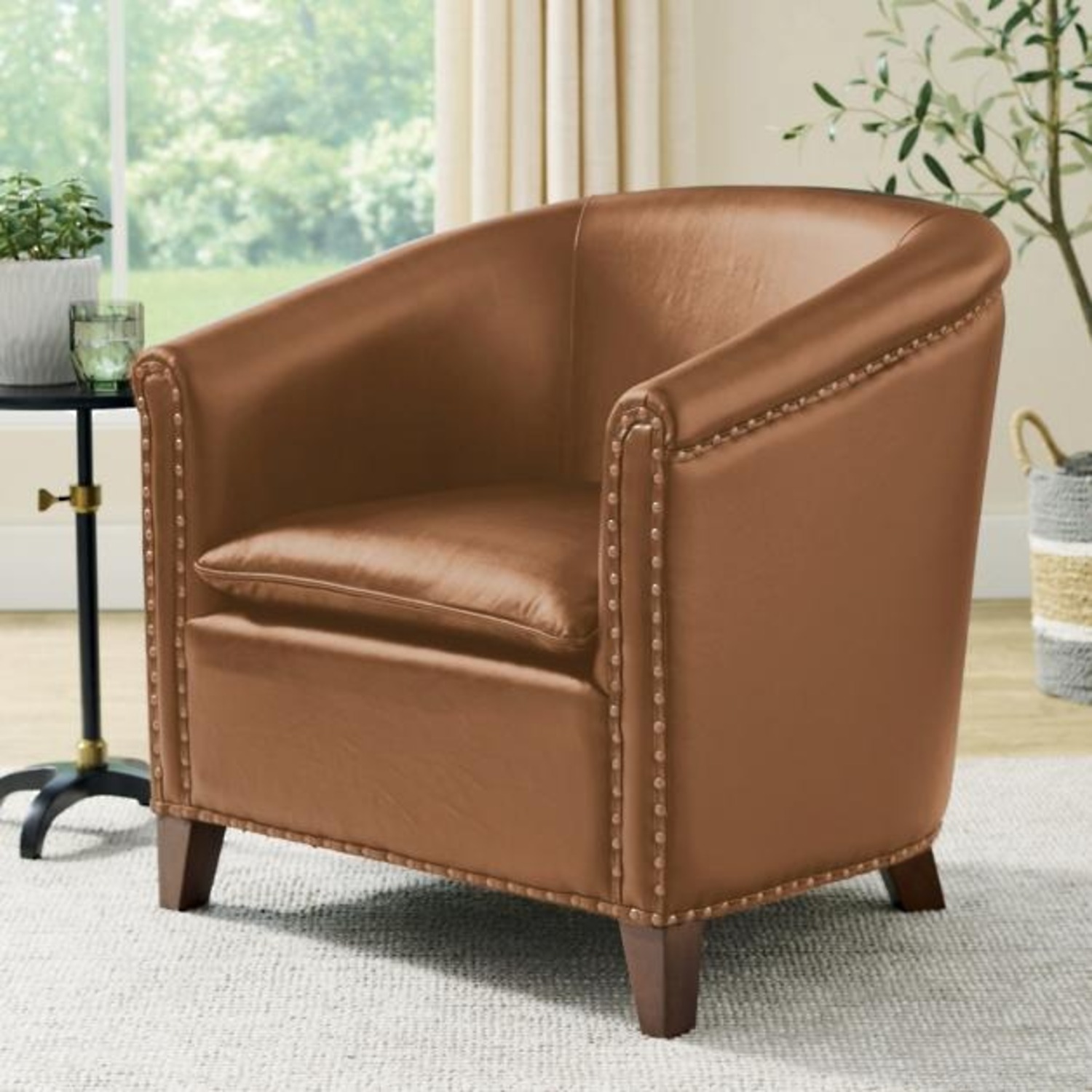 Grandin Road Light Brown Leather Armchair - image-6