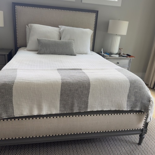 Used Restoration Hardware Maison Fabric Panel Grey Oak Queen Bed for sale on AptDeco