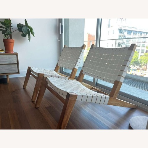 Used Wood & Fabric Woven Lounge Chairs (Set of 2)  for sale on AptDeco