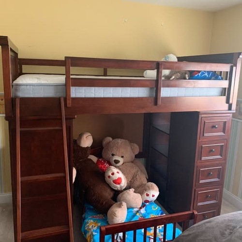Used Raymour & Flanigan Dark Brown Wood Bunk Bed for sale on AptDeco