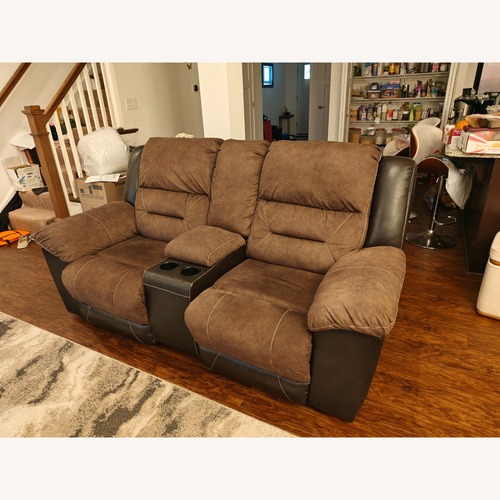 Used Ashley Furniture Earhart Dark Brown Fabric Loveseat for sale on AptDeco