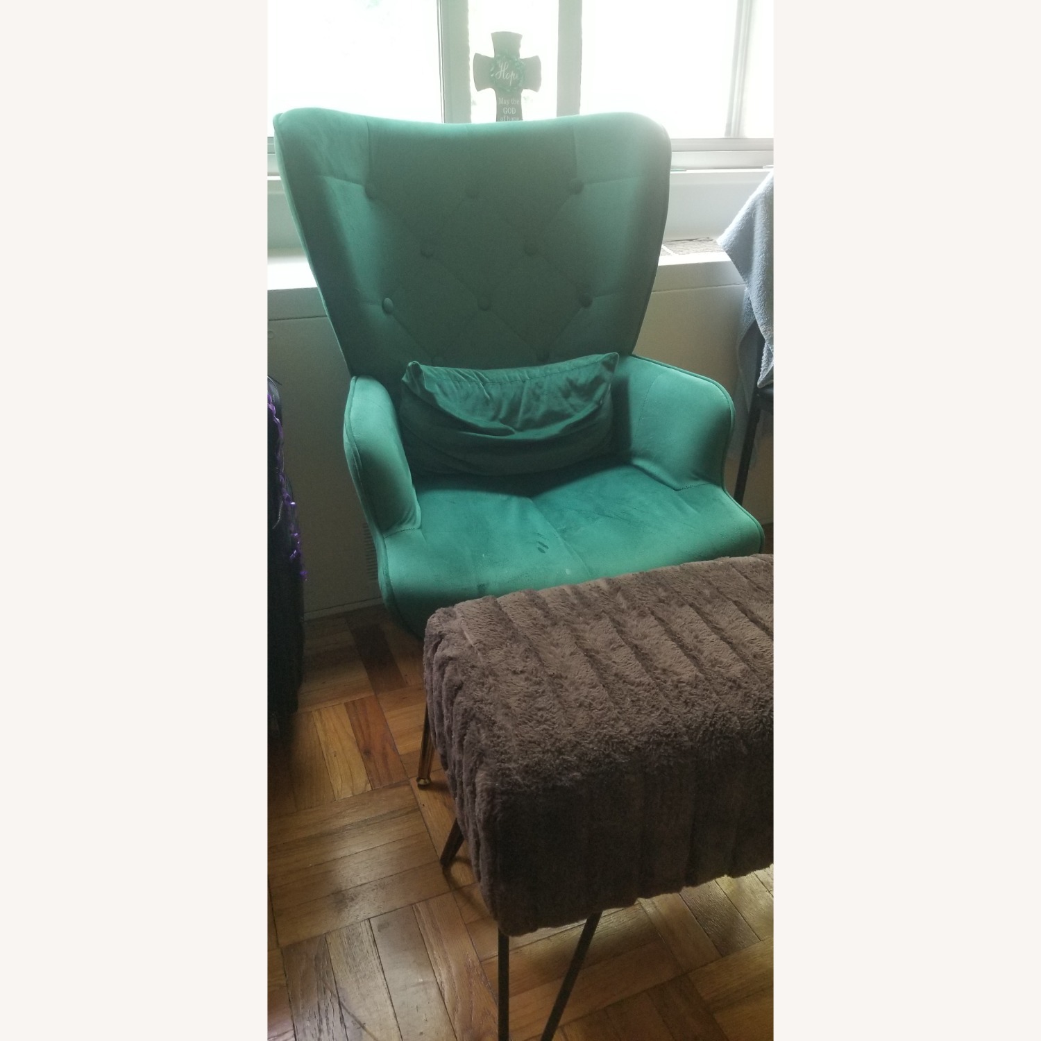 Green Armchair with Brown Fur Stool - image-1