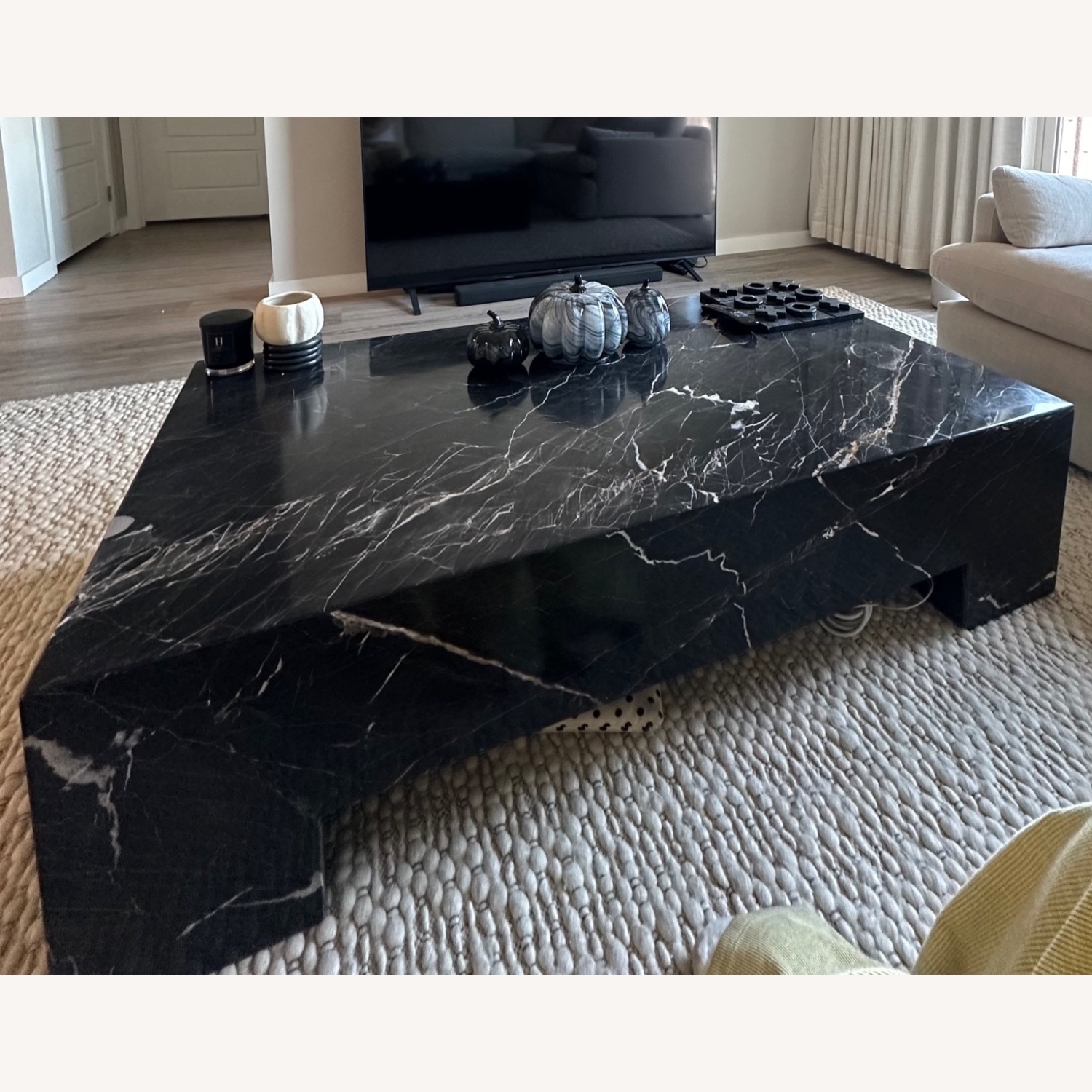 Nero Marquina Solid Black Marble Coffee Table - image-1