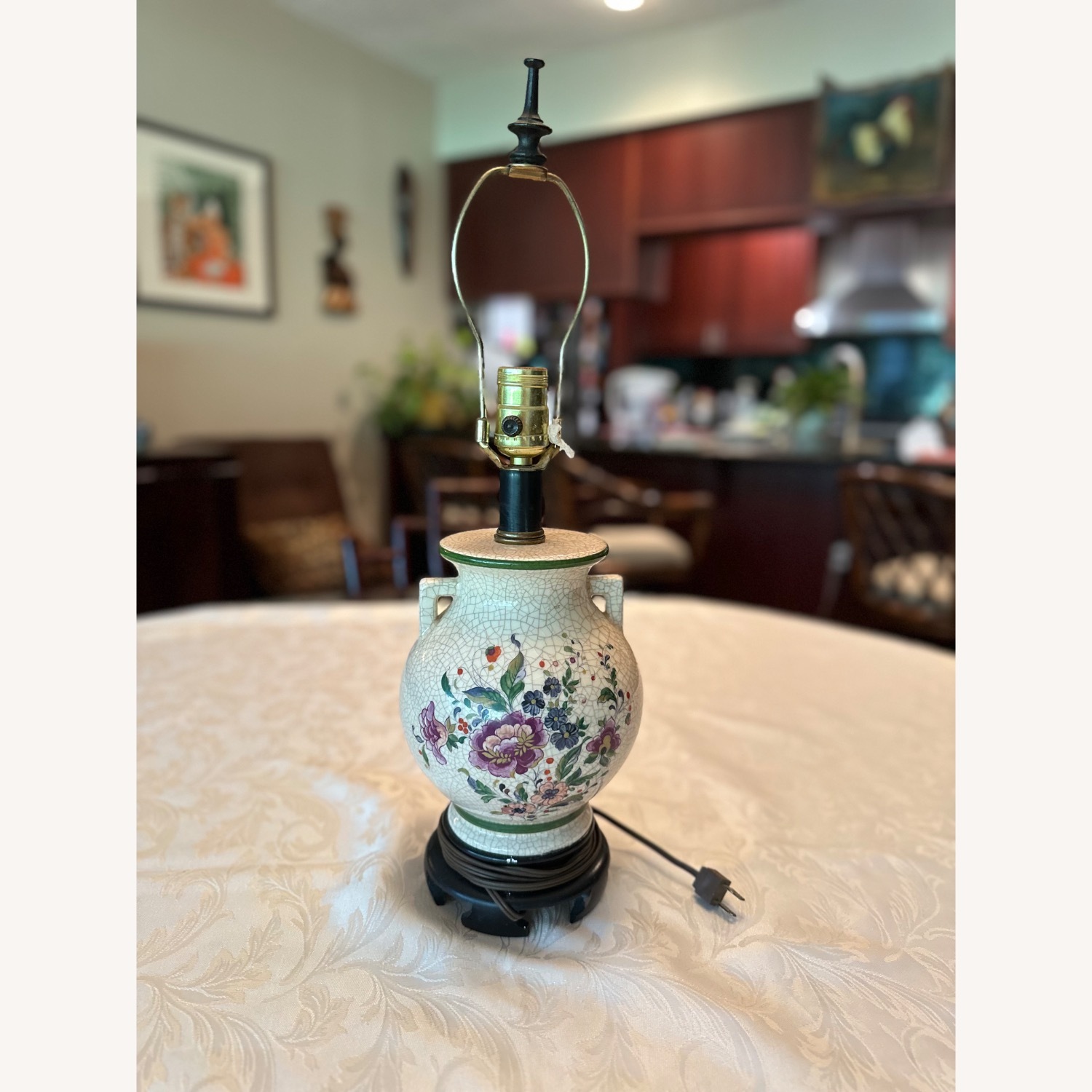 Vintage Crackle Glazed Floral Table Lamp - image-3
