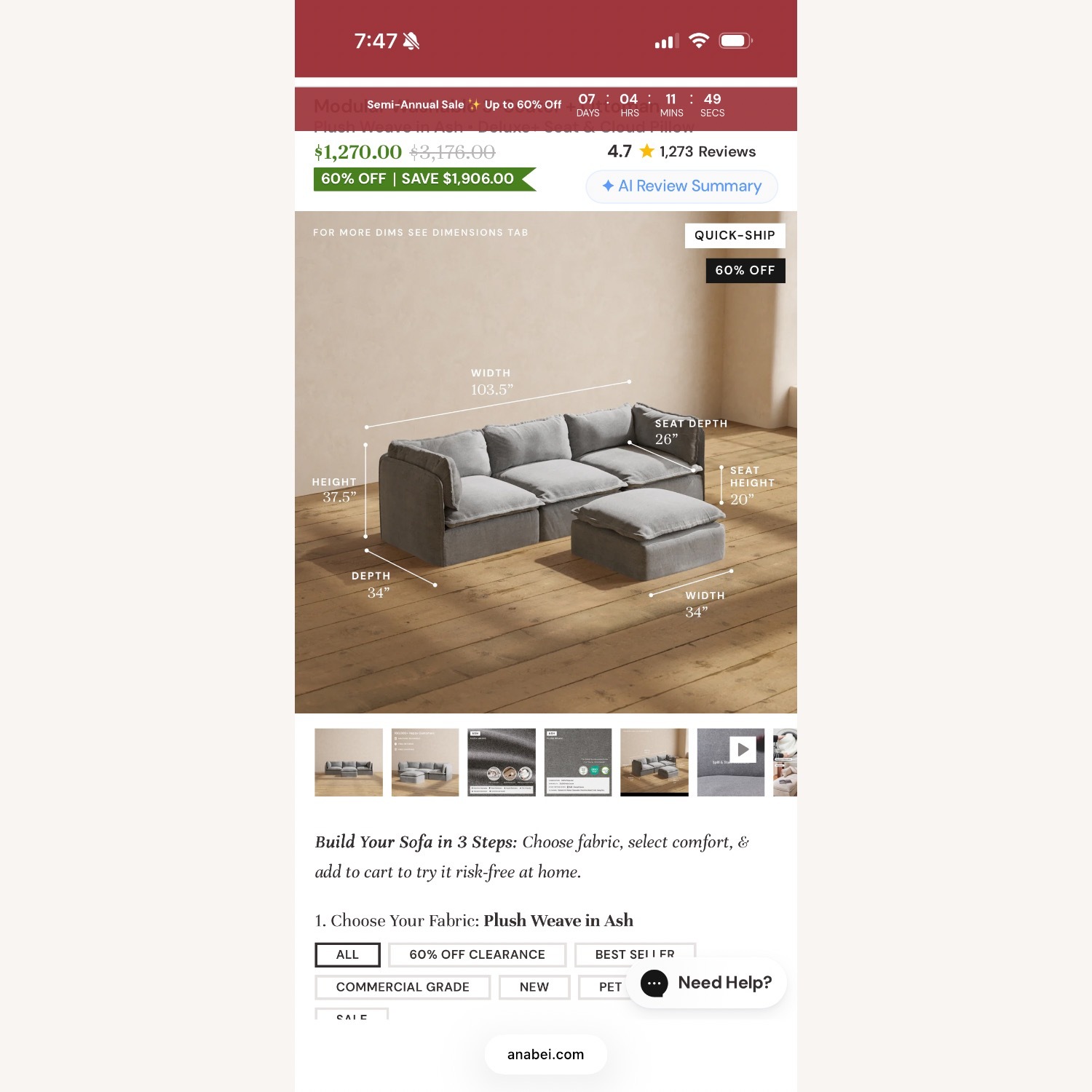 Anabei Light Gray Fabric 3+ Piece Sectional - image-3