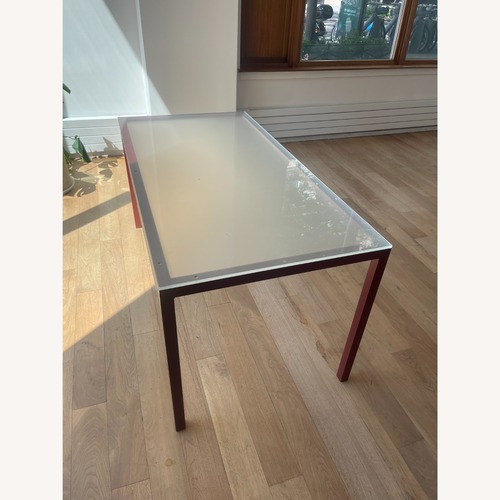 Used Room & Board Parsons Red Glass Dining Table for sale on AptDeco