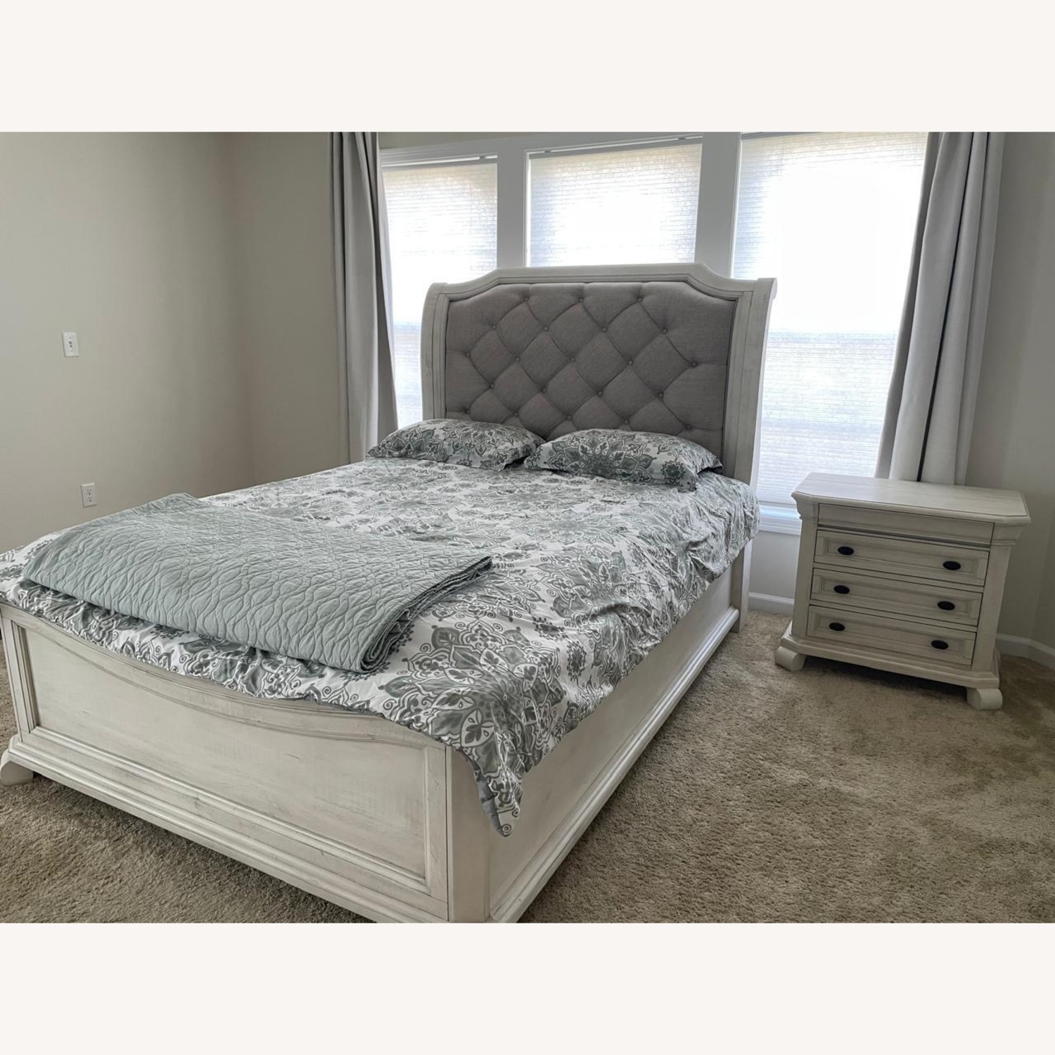 White Wood Queen Bed With Tufted Headboard - image-1