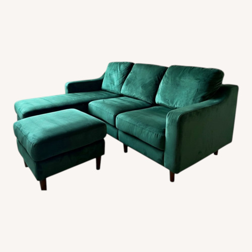 Used Cozey Green Velvet Sectional W Chaise and Ottoman for sale on AptDeco