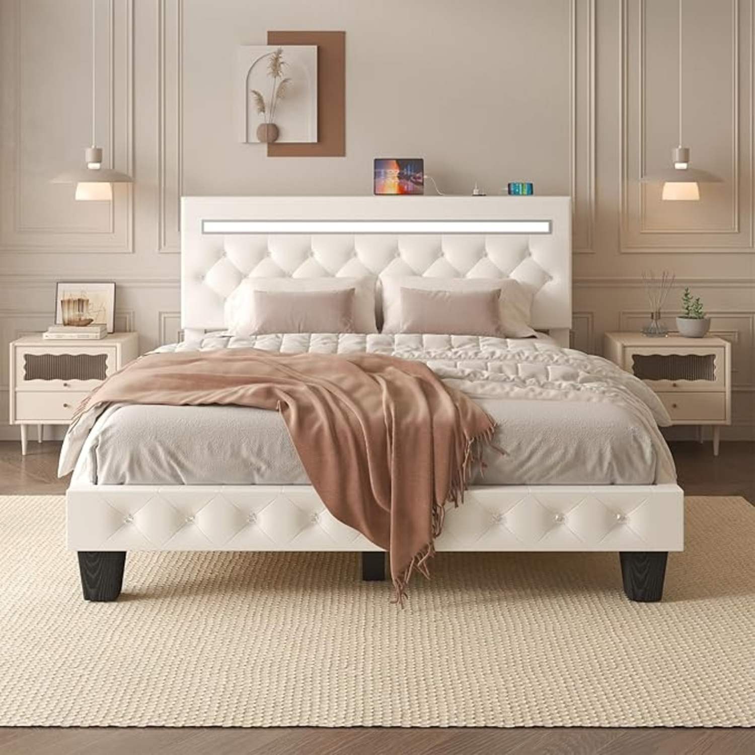 King Bed Frame with LED Lights, Charging Station - image-6