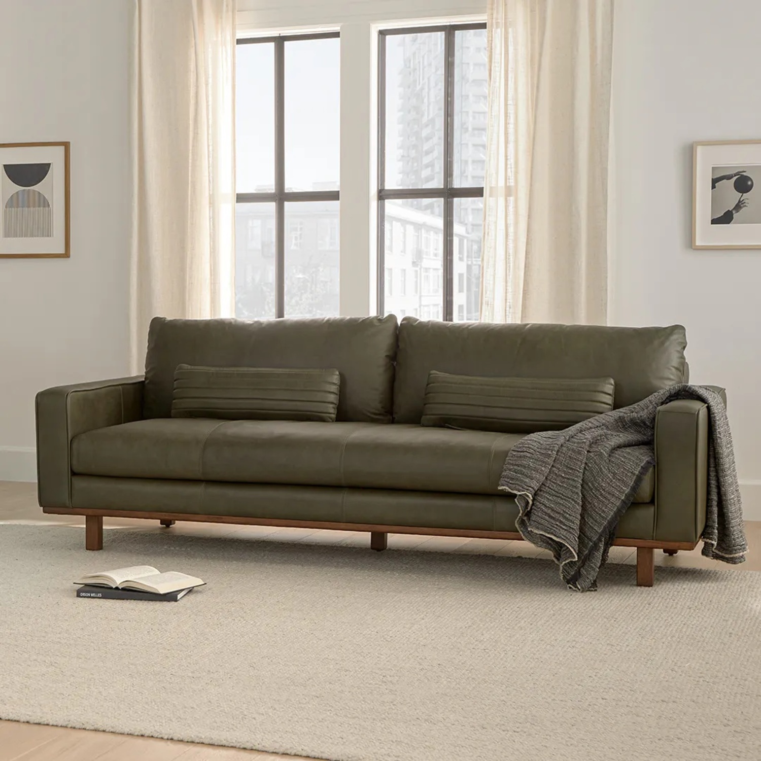 Loukos Mid-Century Modern Green Leather Sofa - image-6