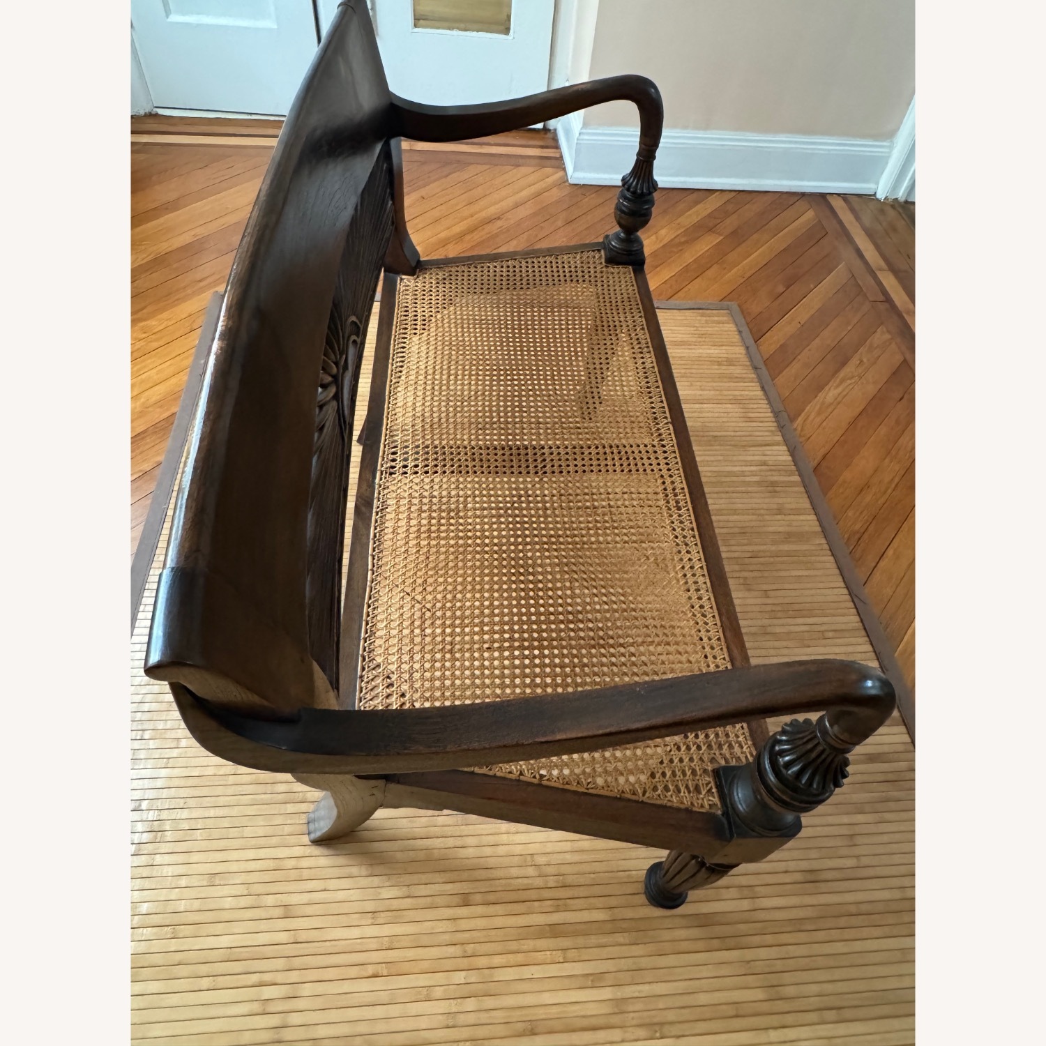 Hand-Carved Sunburst Rattan Bench - image-4