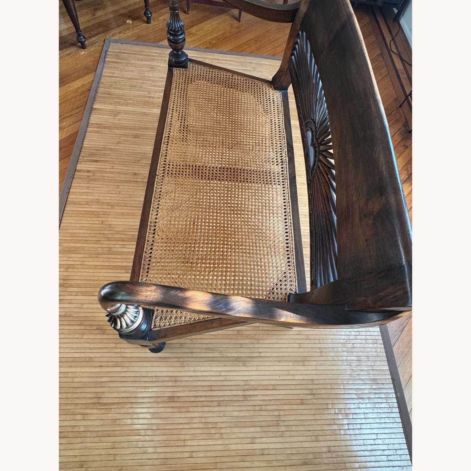 Hand-Carved Sunburst Rattan Bench - image-3