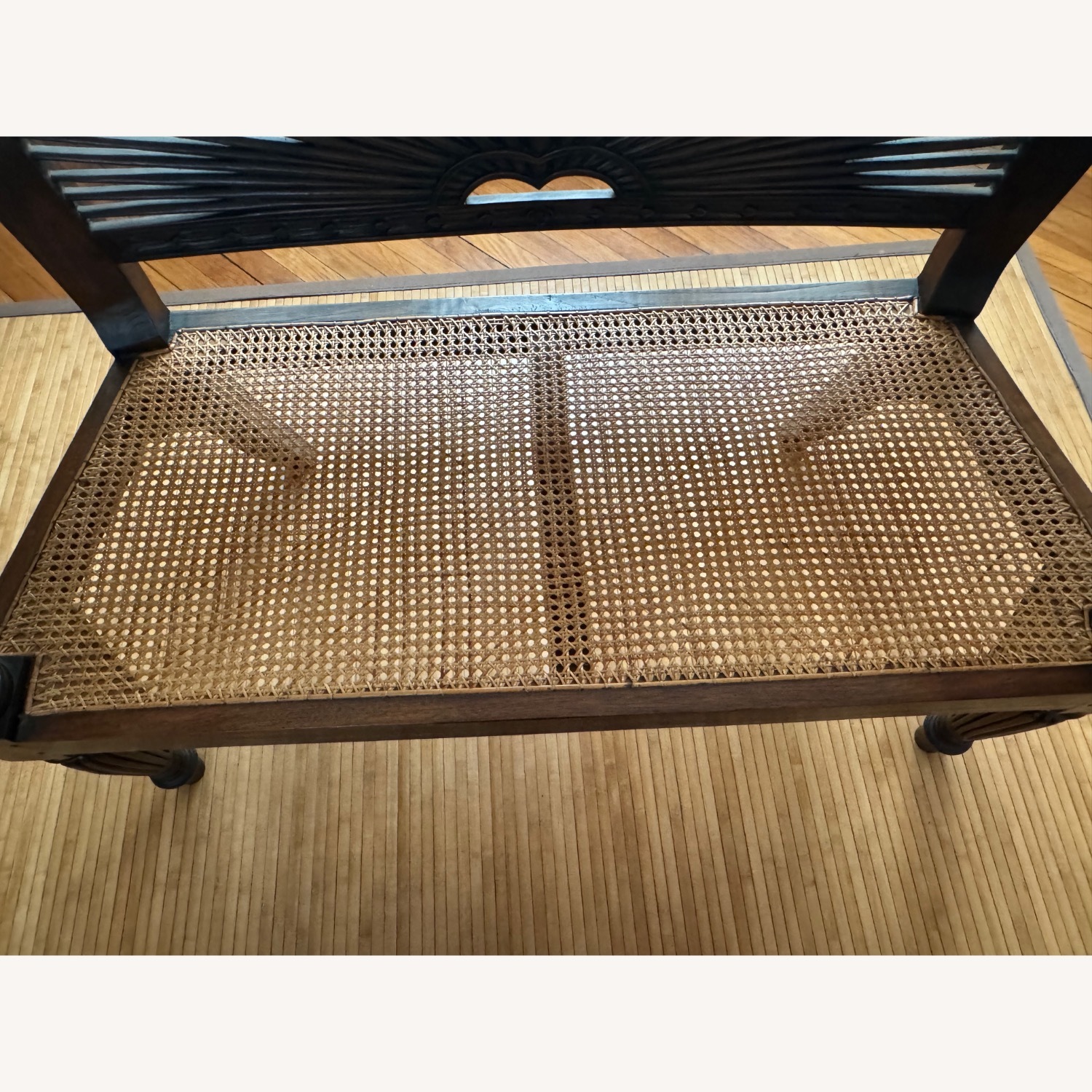 Hand-Carved Sunburst Rattan Bench - image-5