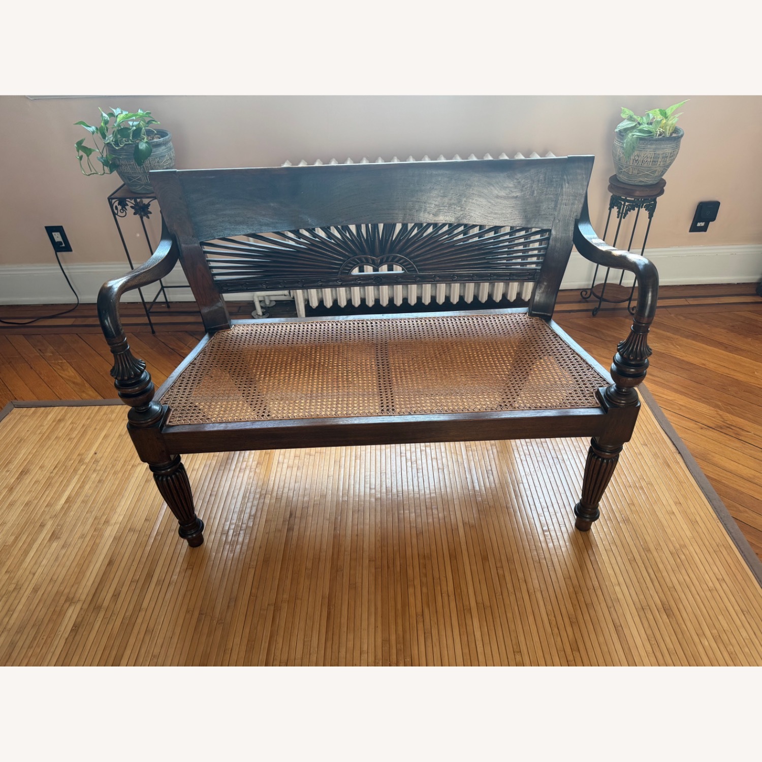 Hand-Carved Sunburst Rattan Bench - image-2