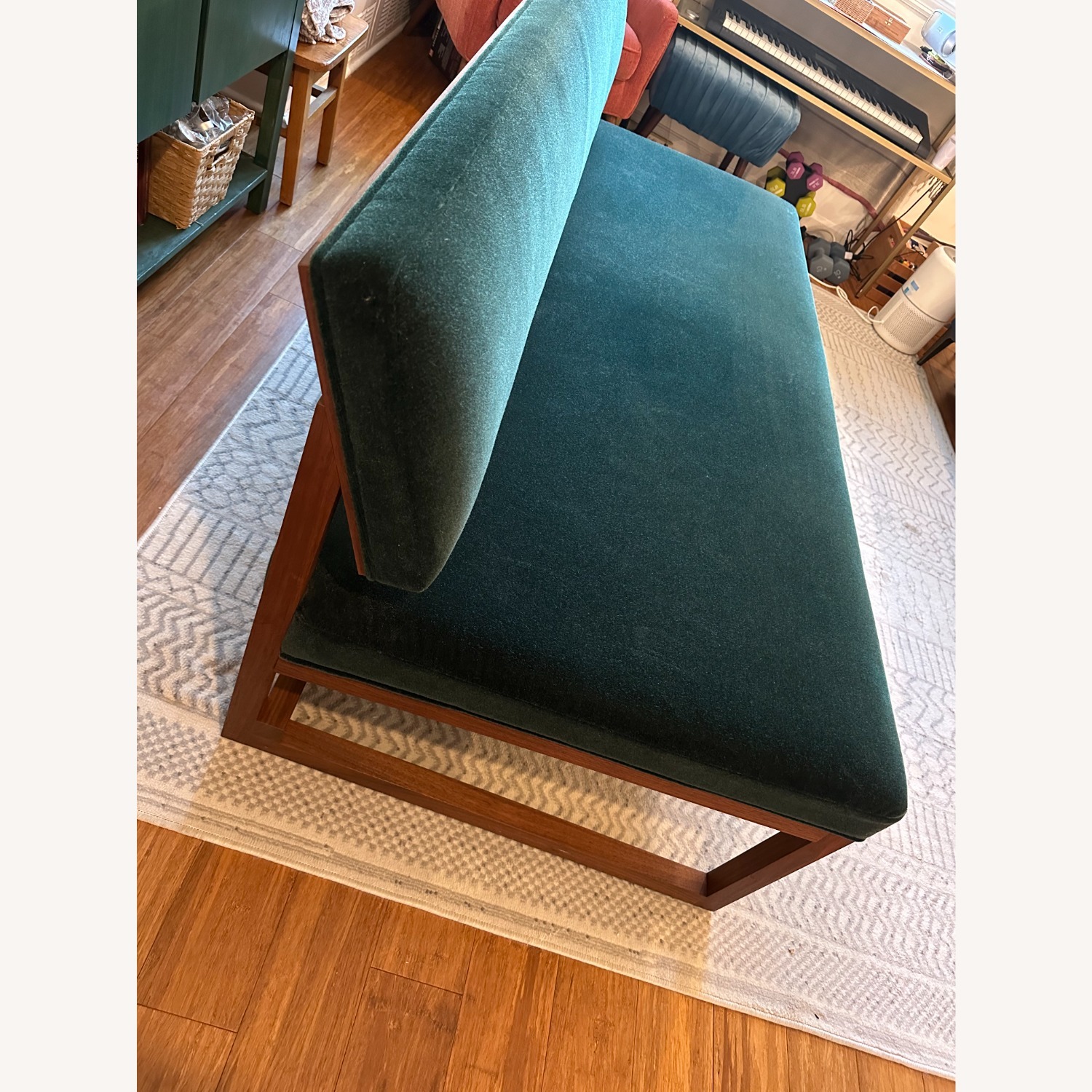 Modern Minimalist Walnut & Green Mohair Bench Sofa - image-6