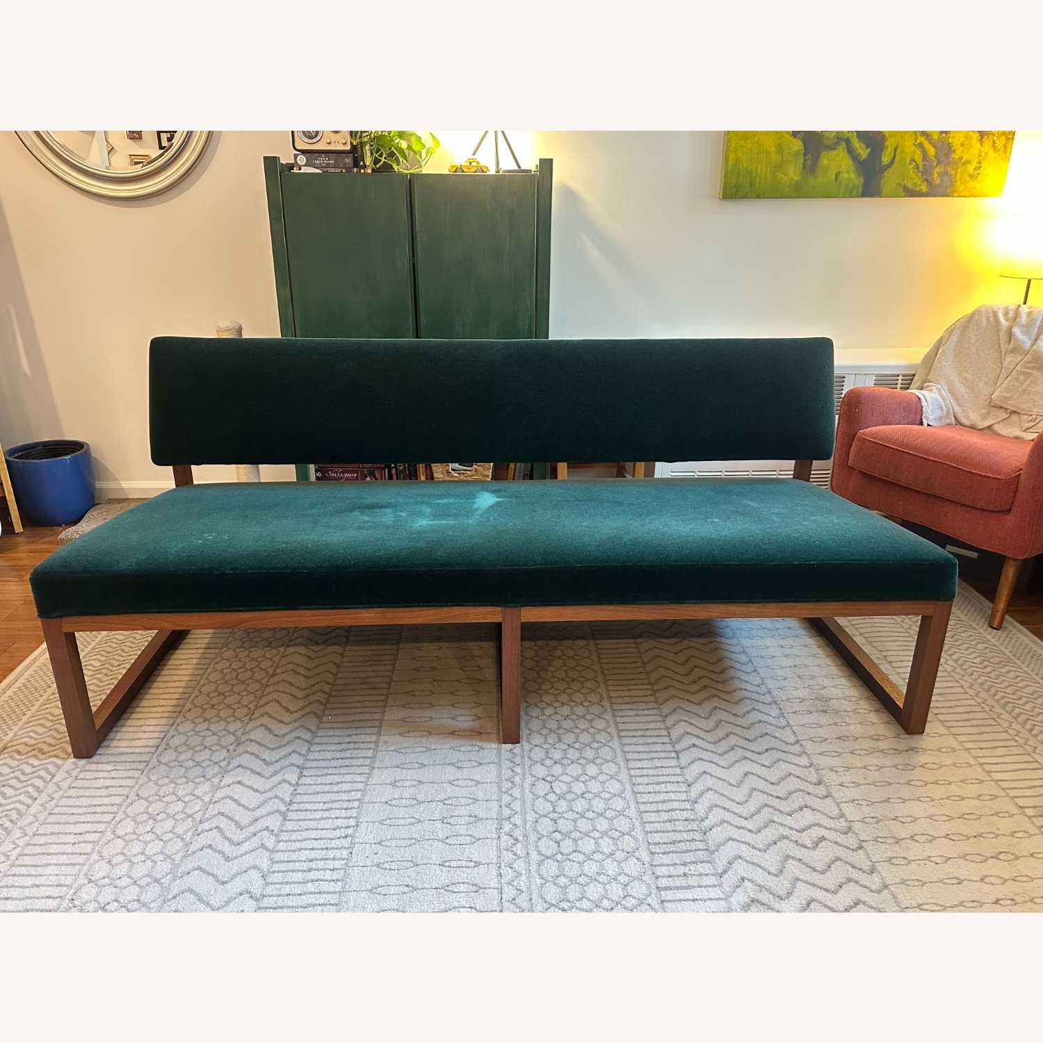 Modern Minimalist Walnut & Green Mohair Bench Sofa - image-2