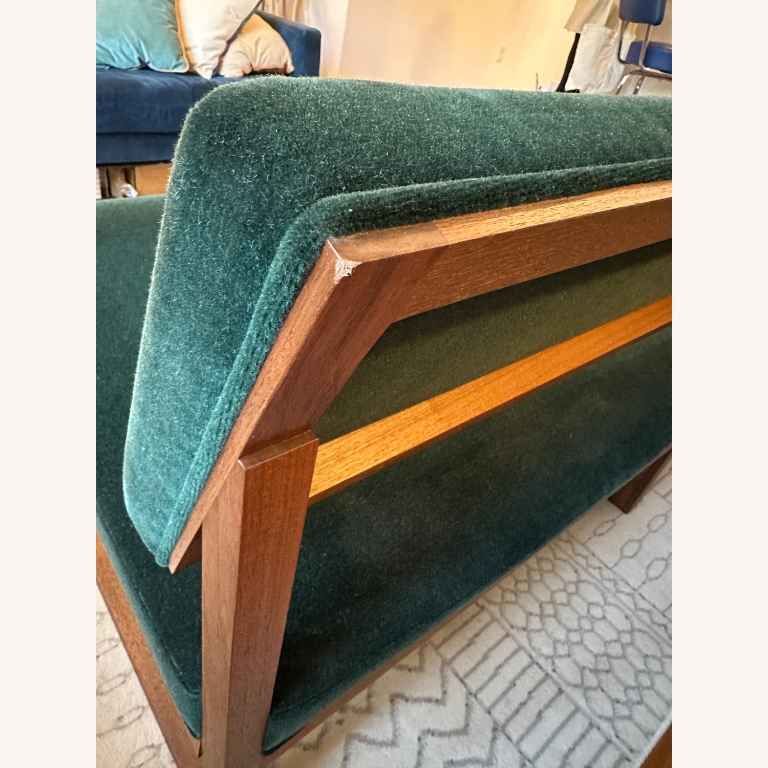 Modern Minimalist Walnut & Green Mohair Bench Sofa - image-11
