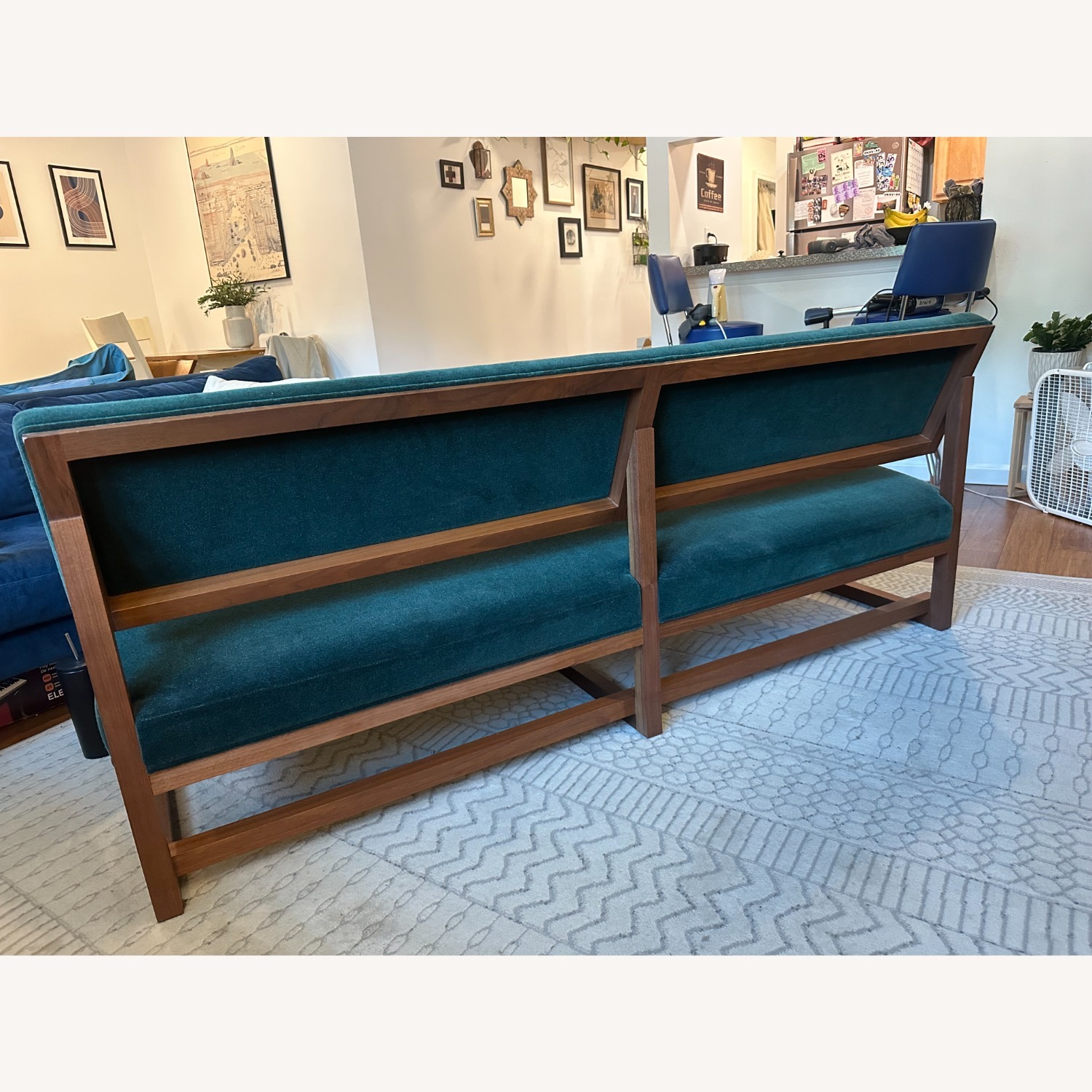 Modern Minimalist Walnut & Green Mohair Bench Sofa - image-4