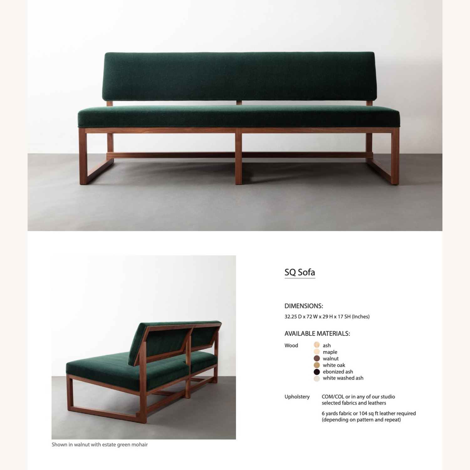 Modern Minimalist Walnut & Green Mohair Bench Sofa - image-1
