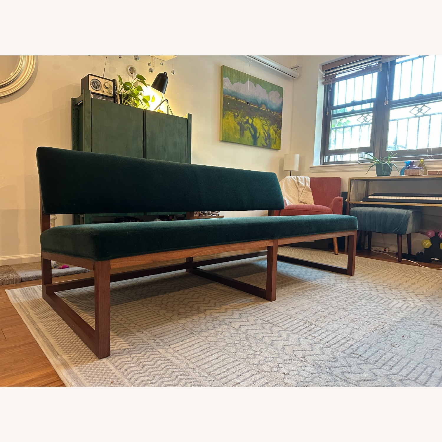 Modern Minimalist Walnut & Green Mohair Bench Sofa - image-10