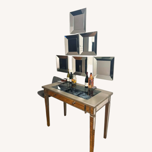 Used Transparent Glass Top Bar with 2 Grey Barstools for sale on AptDeco