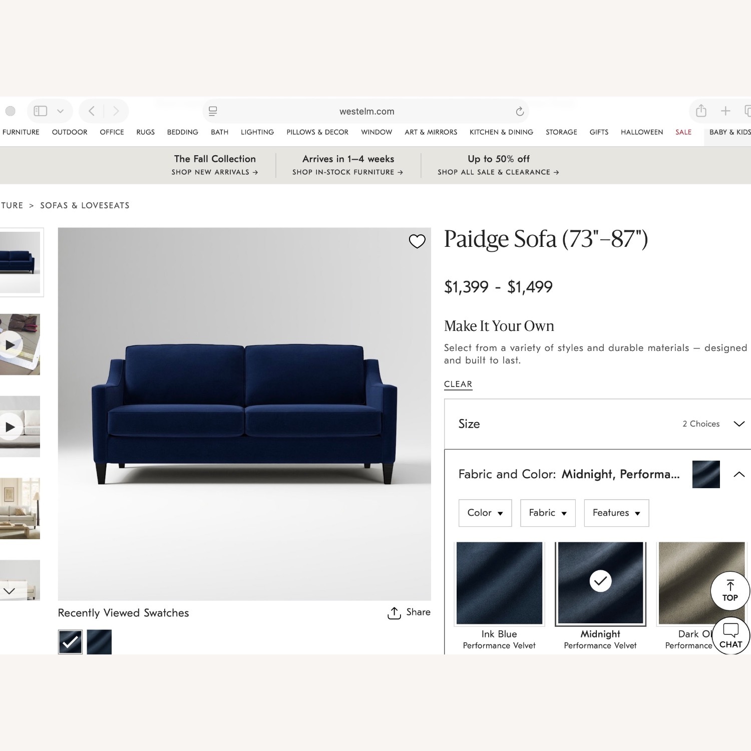 West Elm Paidge Blue Velvet 2 Seater Sofa - image-3