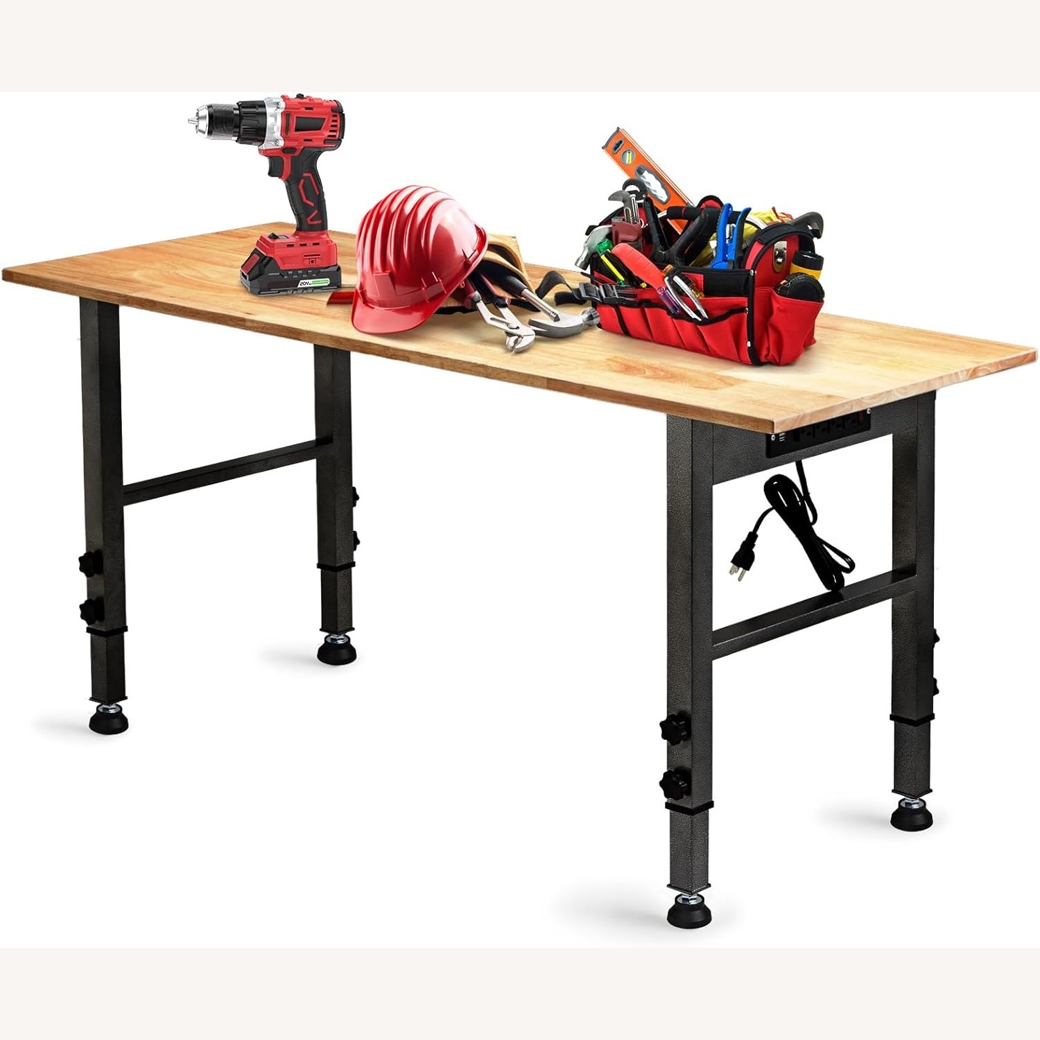 Adjustable Hardwood-Top Workbench with Outlet - image-1