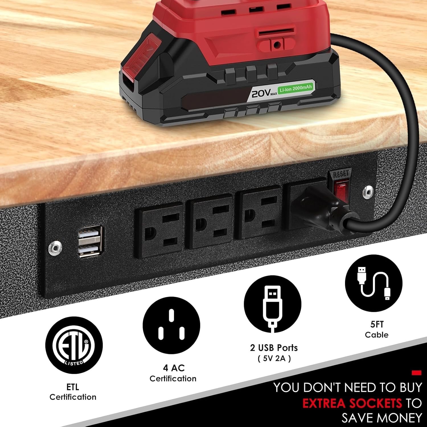 Adjustable Hardwood-Top Workbench with Outlet - image-5