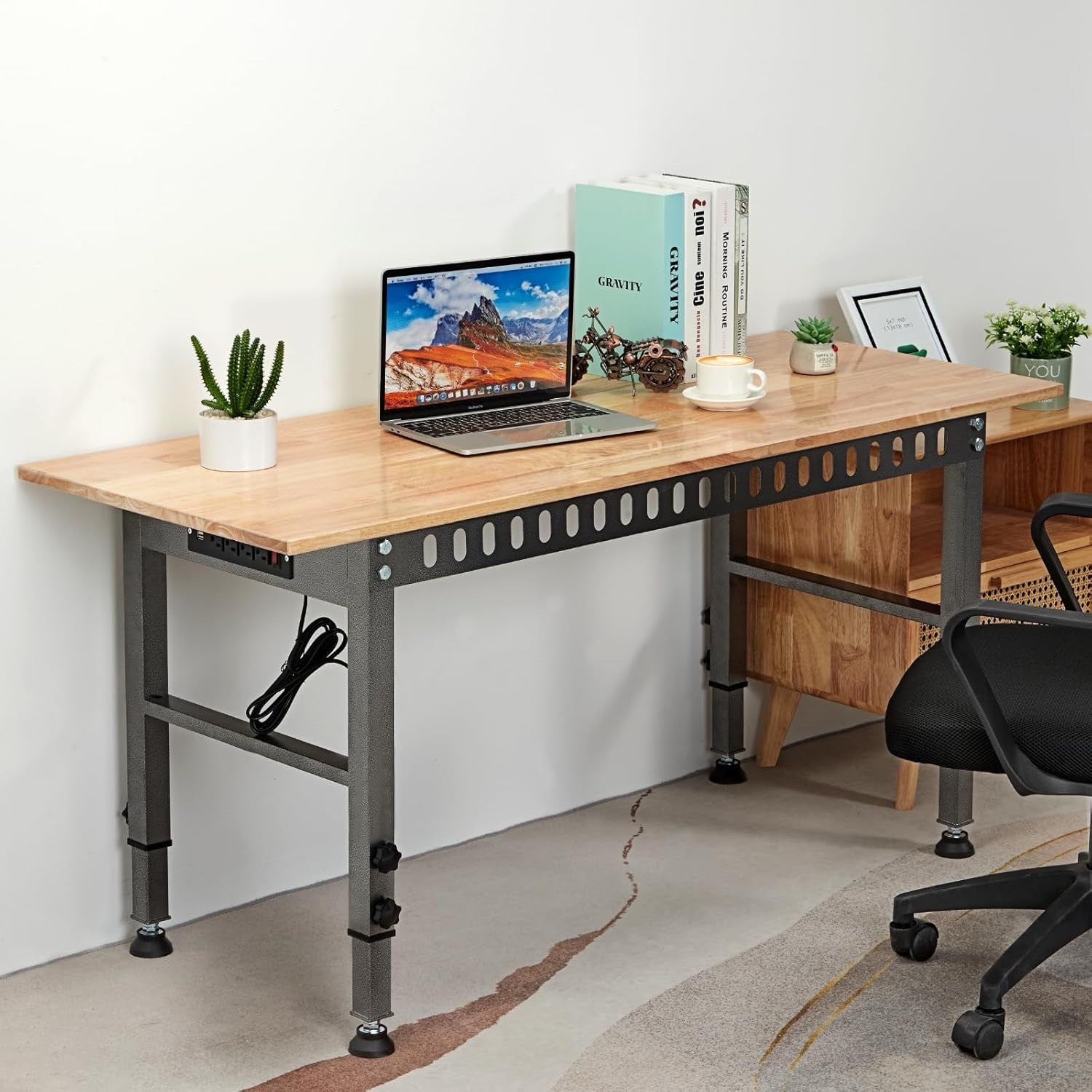 Adjustable Hardwood-Top Workbench with Outlet - image-2