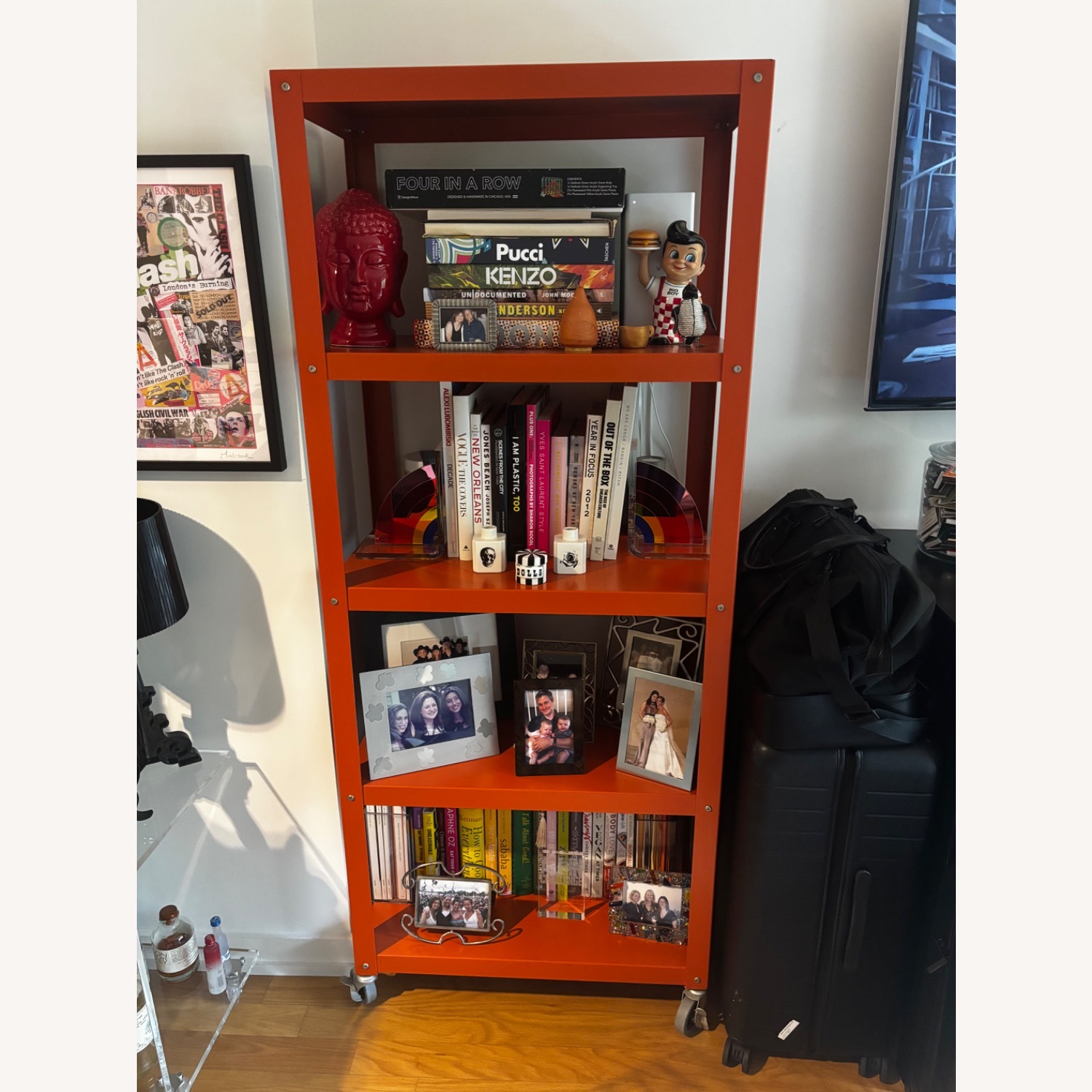 CB2 Orange 5 Shelf White Metal Go Cart Rolling Bookcase - image-3